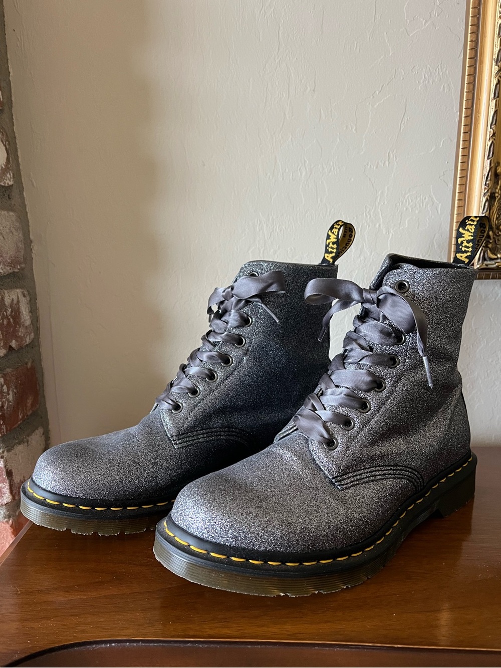 Dr. Martens Gunmetal Glitter Pascal Combat Boots Size 10 New